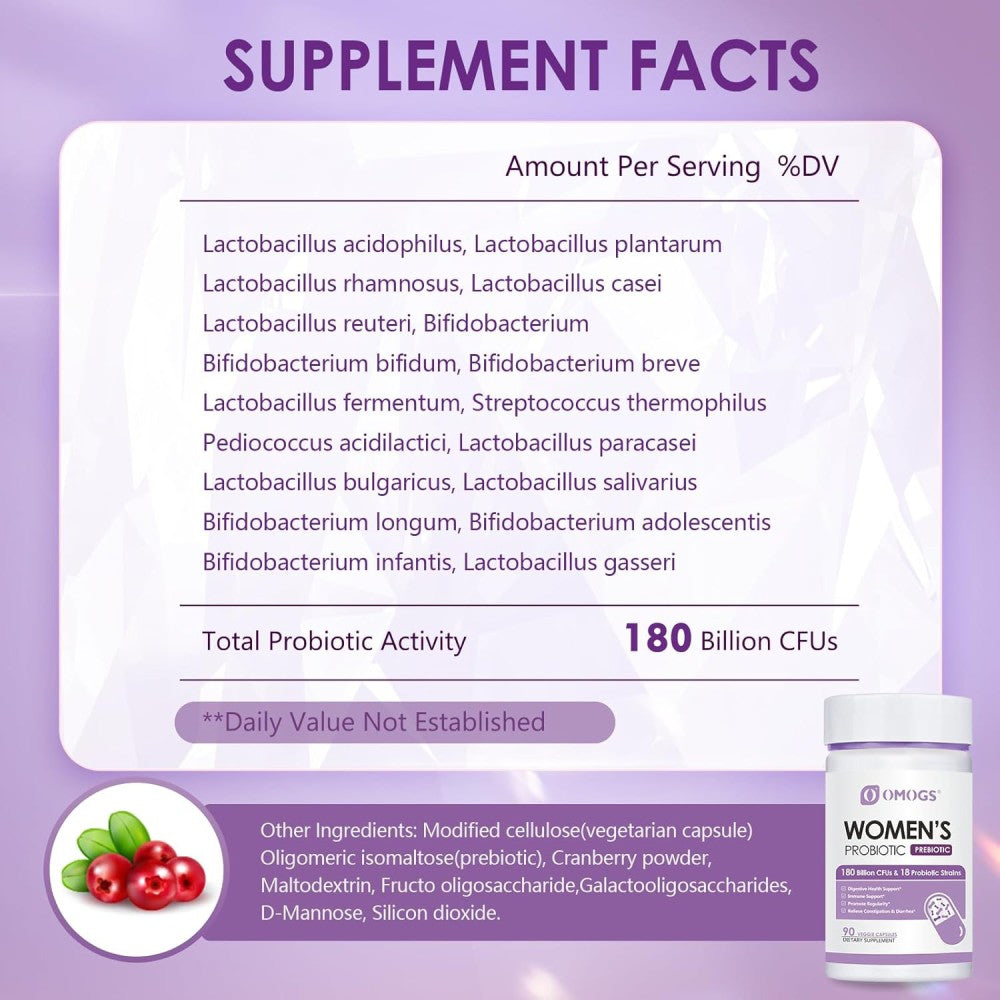 Omogs Women's Probiotic 180 Billion CFUS & 18 Strains To Support Digestive Health, Natural Bacterial Balance, and Women’s Reproductive Health 90 Veg Caps