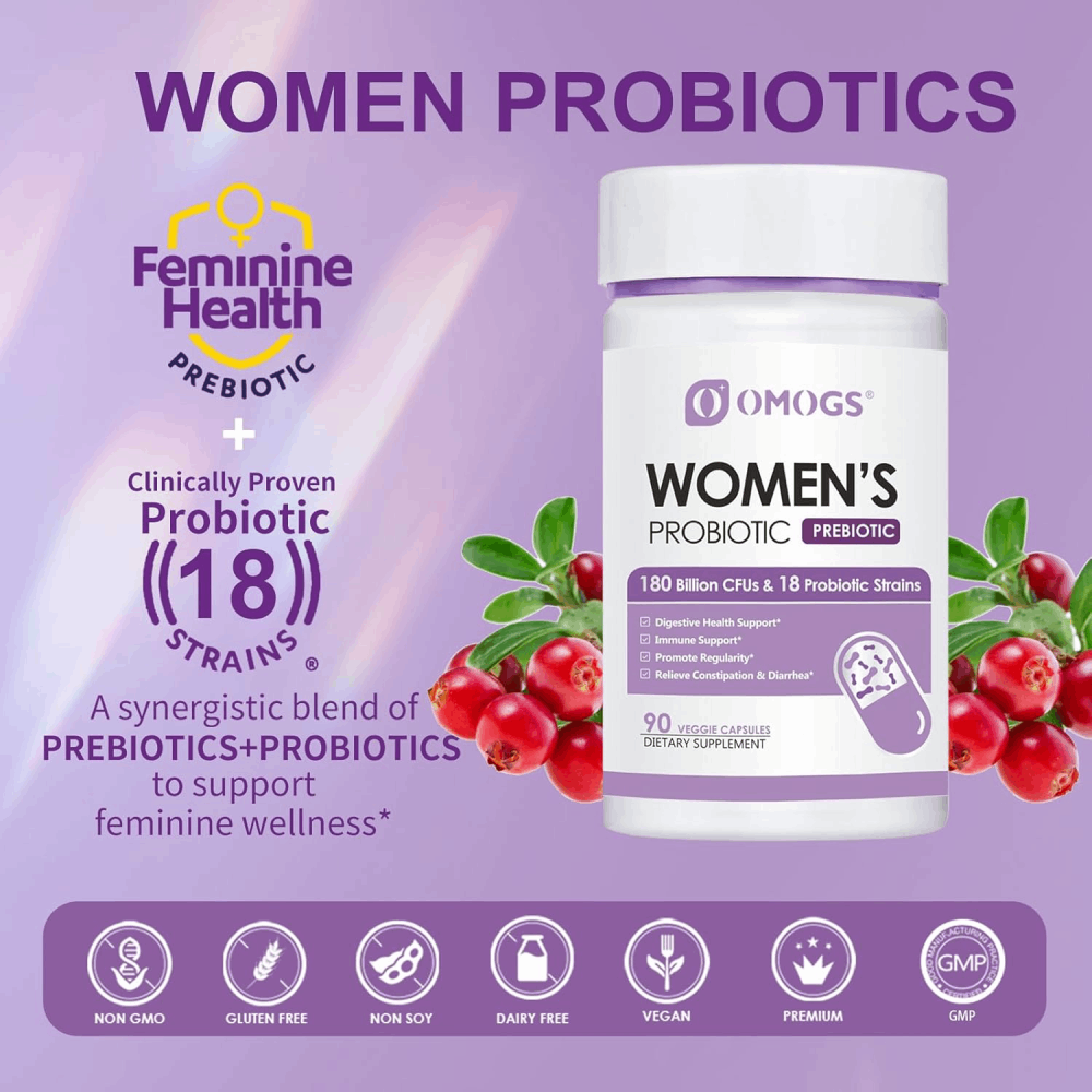 Omogs Women's Probiotic 180 Billion CFUS & 18 Strains To Support Digestive Health, Natural Bacterial Balance, and Women’s Reproductive Health 90 Veg Caps