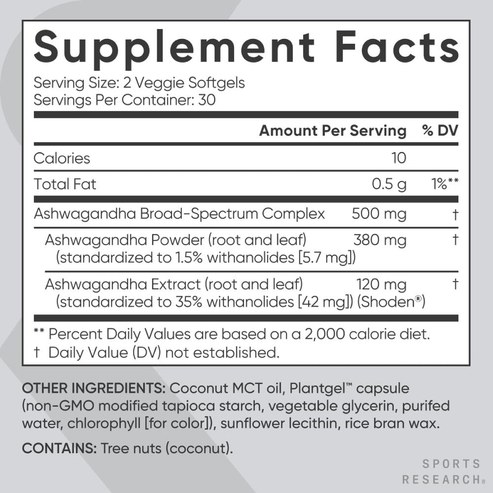 Sports Research Sr Ashwagandha 500mg It Helps Support Hormonal Balance, Improve Mood, and Enhance Daily Energy and Focus 60 Veggie Softgels