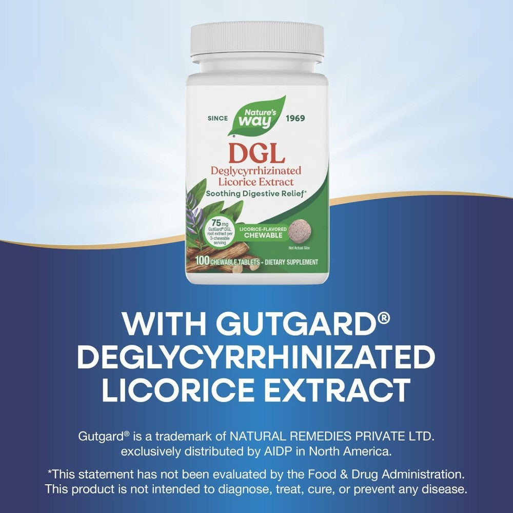 Natures Way DGL Deglycyrrhizinated, Licorice Extract 75mg Supports Digestive and Stomach Health, Soothes Mild Stomach Discomfort, and Provides Natural Antioxidant Protection100 Chewable Tablets