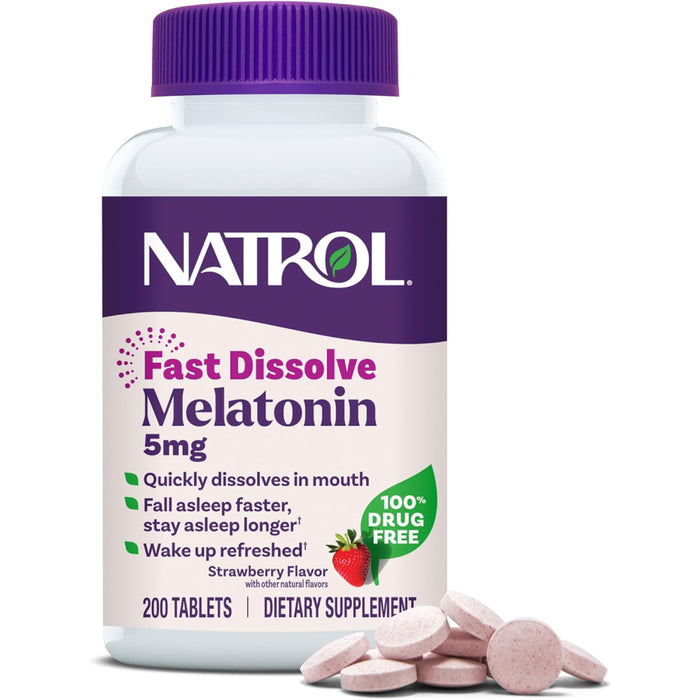 Natrol Melatonin 5mg Supporting Better Sleep Quality and Reducing Occasional Sleeplessness or Sleep Disturbances 200 Tablets Strawberry Flavor