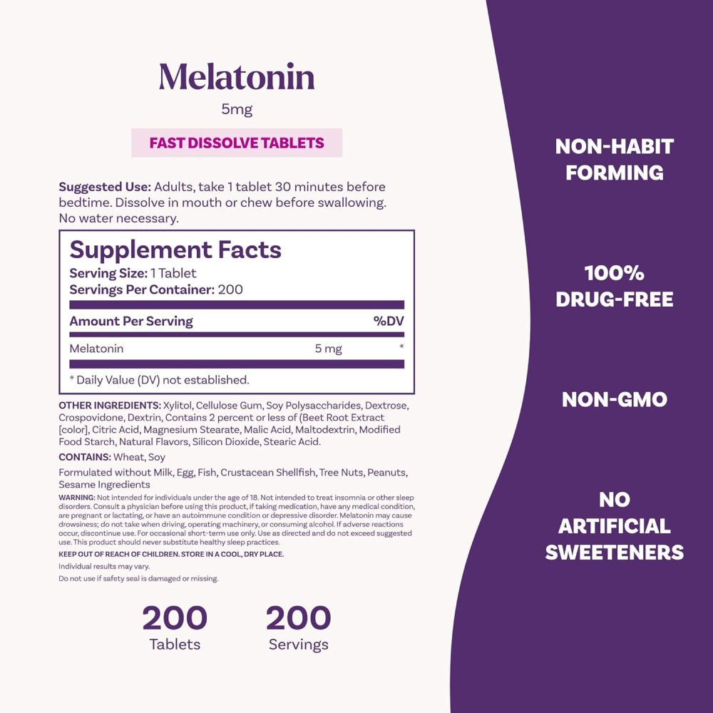Natrol Melatonin 5mg Supporting Better Sleep Quality and Reducing Occasional Sleeplessness or Sleep Disturbances 200 Tablets Strawberry Flavor