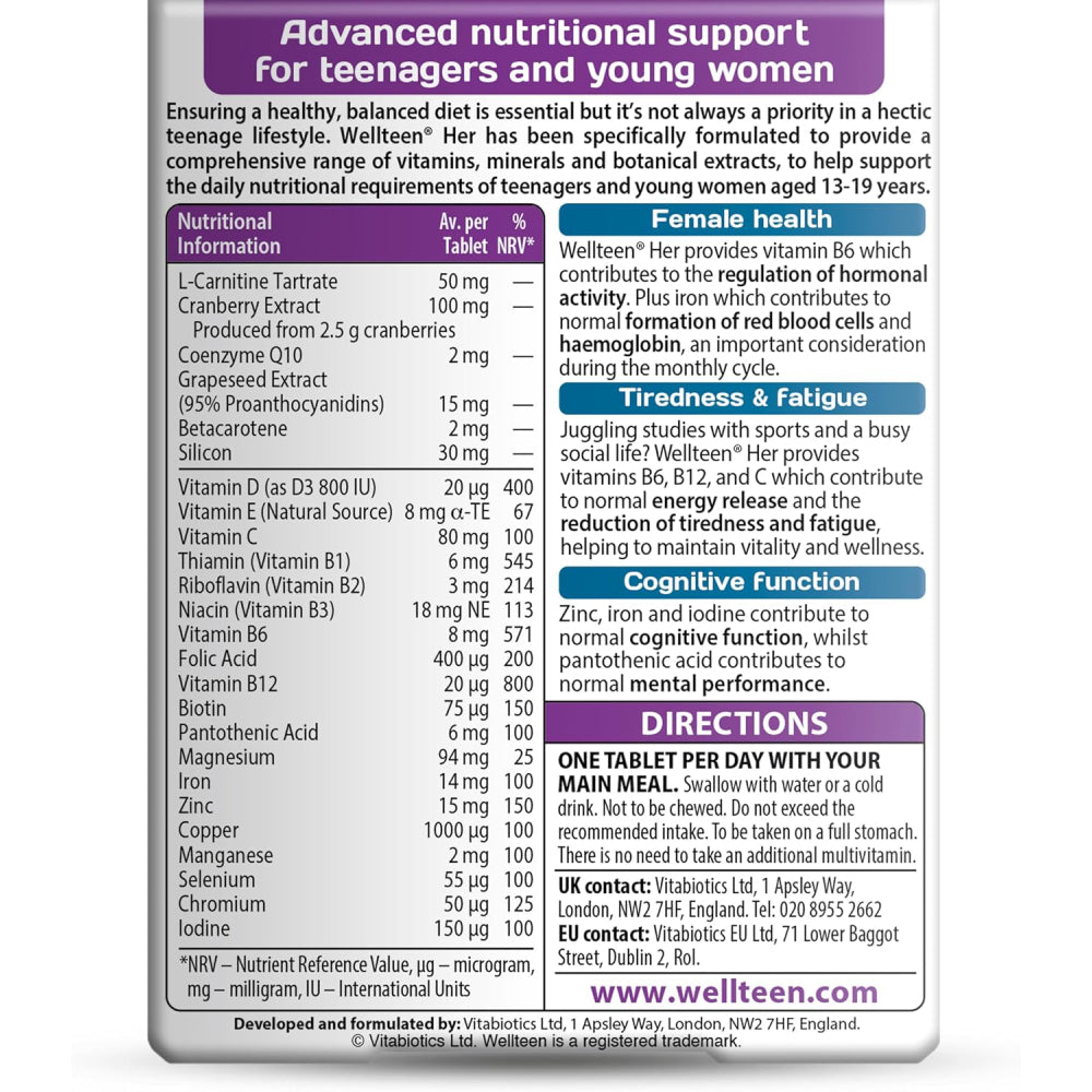 Vitabiotics Wellteen Her To Help Maintain Vitality & Wellness 25 Nutrients 30 Tablets