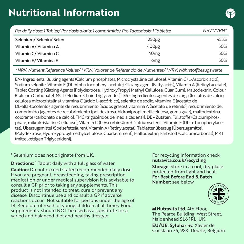 Nutravita Selenium 250mg With Vitamins A & C & E To Support Overall Health and Immune Function 400 Veg Tablets