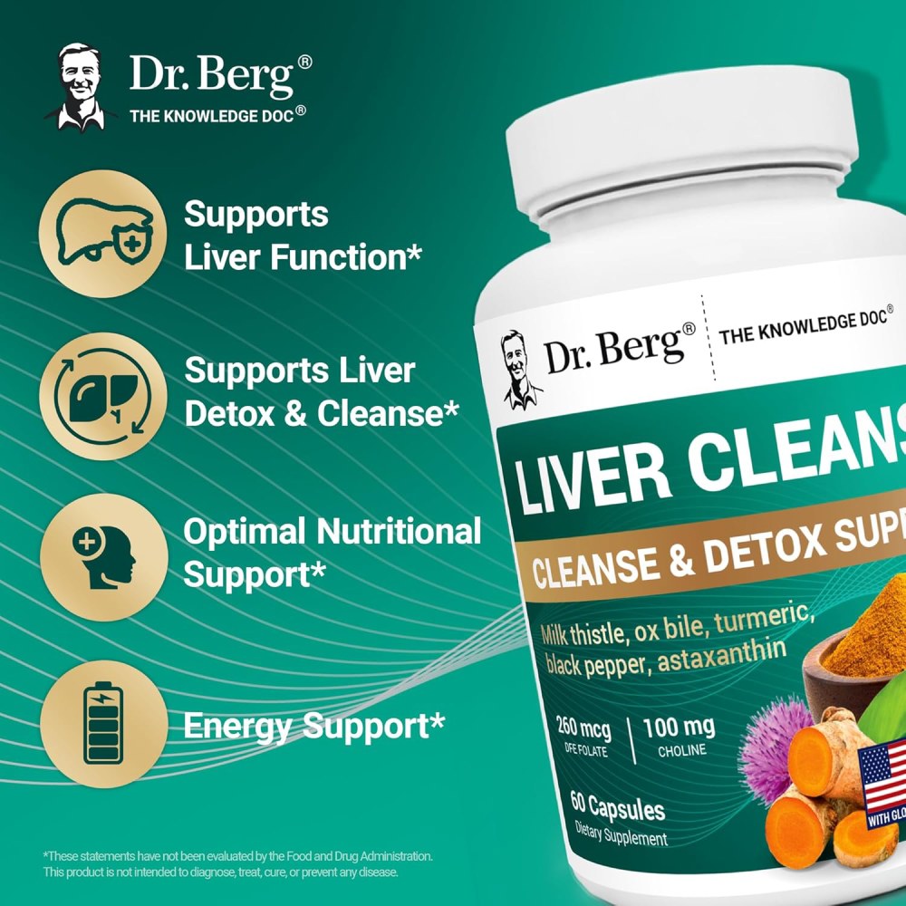 Dr berg Liver Cleanse 260mcg Dfe Folate 100mg Choline To Support Liver Health and Help the Body Eliminate Toxins. It Contains Folic Acid and Choline To Enhance Liver Function, Improve Fat Metabolism, and Boost Daily Energy 60 Caps