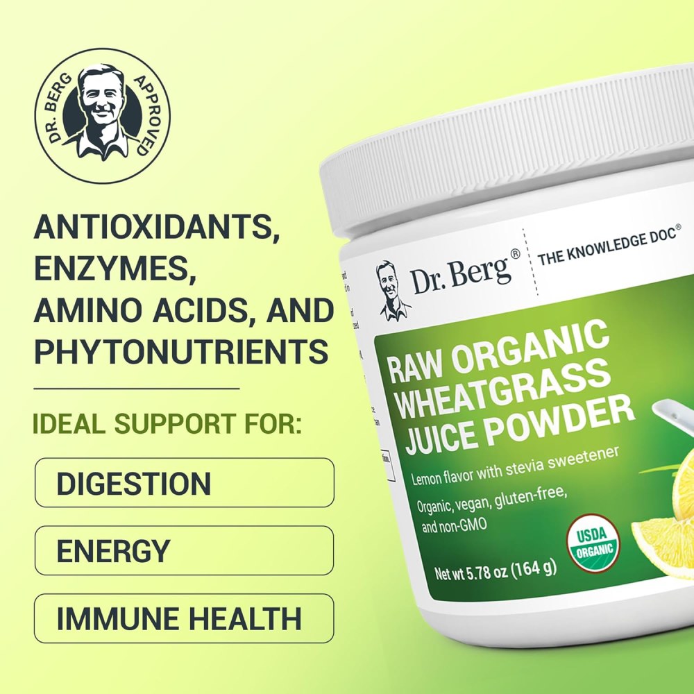 Dr berg Raw Organic Wheatgrass Juice Powder To Support Overall Health and Boost Daily Energy Levels 164g Lemon Flavor With Stevia Sweetener