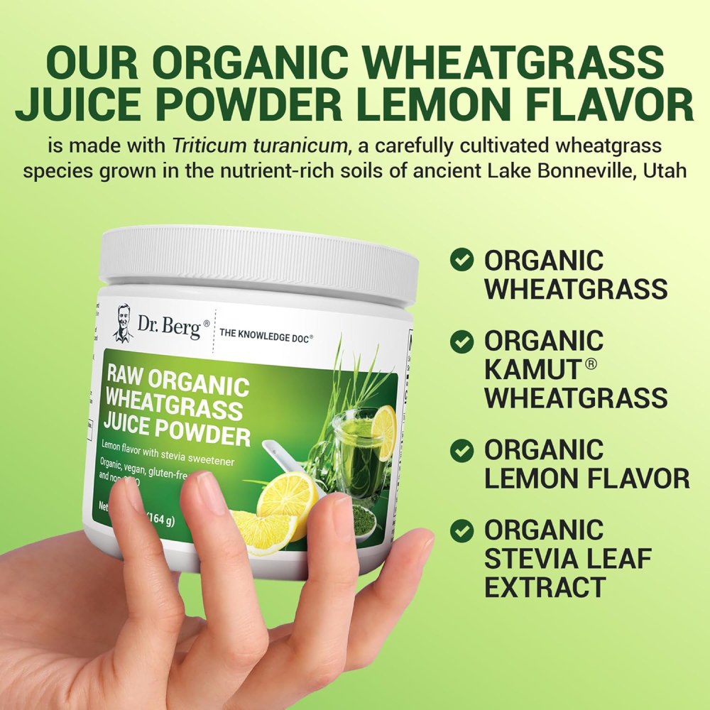 Dr berg Raw Organic Wheatgrass Juice Powder To Support Overall Health and Boost Daily Energy Levels 164g Lemon Flavor With Stevia Sweetener