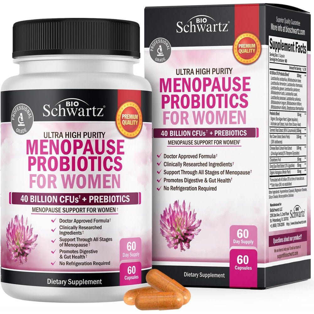 BioSchwartz Menopause Probiotics 40 Billion CFU For Women It Helps Promote Digestive Health, Balance Gut Bacteria, and Support Hormonal Well-Being 60 Caps