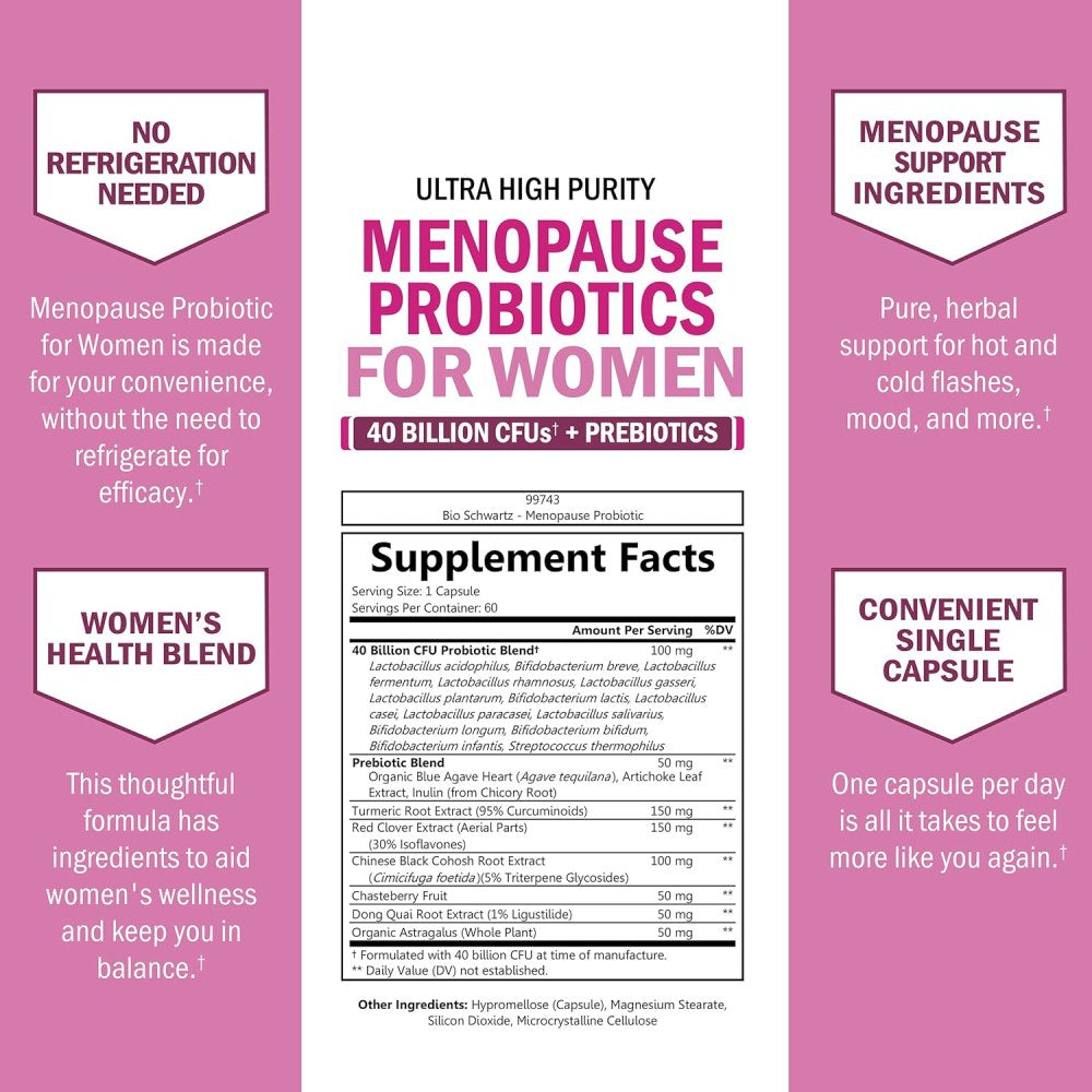 BioSchwartz Menopause Probiotics 40 Billion CFU For Women It Helps Promote Digestive Health, Balance Gut Bacteria, and Support Hormonal Well-Being 60 Caps
