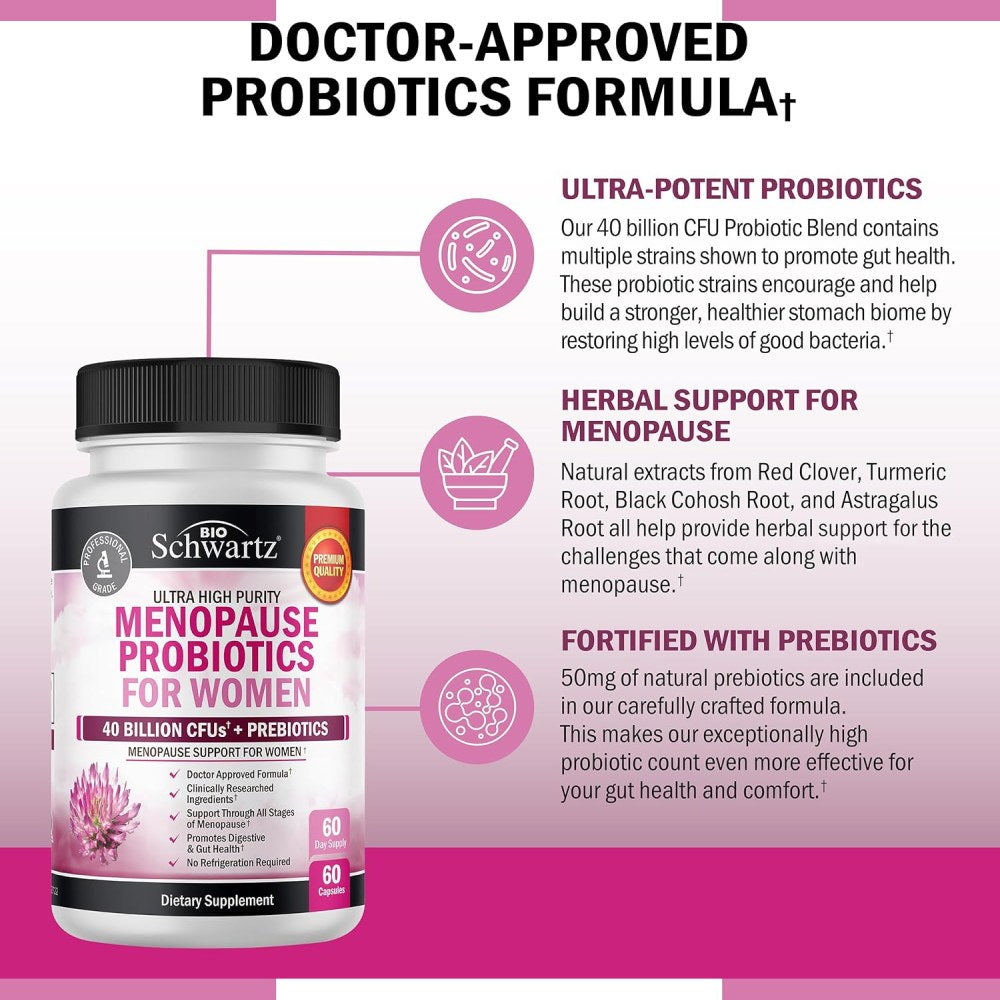 BioSchwartz Menopause Probiotics 40 Billion CFU For Women It Helps Promote Digestive Health, Balance Gut Bacteria, and Support Hormonal Well-Being 60 Caps