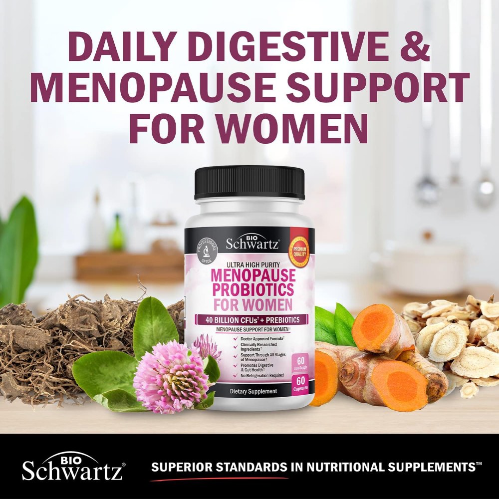 BioSchwartz Menopause Probiotics 40 Billion CFU For Women It Helps Promote Digestive Health, Balance Gut Bacteria, and Support Hormonal Well-Being 60 Caps