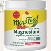 Megafood Relax and Calm Magnesium Glycinate & Malate & Citrate 300mg A soothing magnesium blend designed to ease stress, relax your body, and support restful sleep—naturally. 200g Raspberry Lemonade Flavor