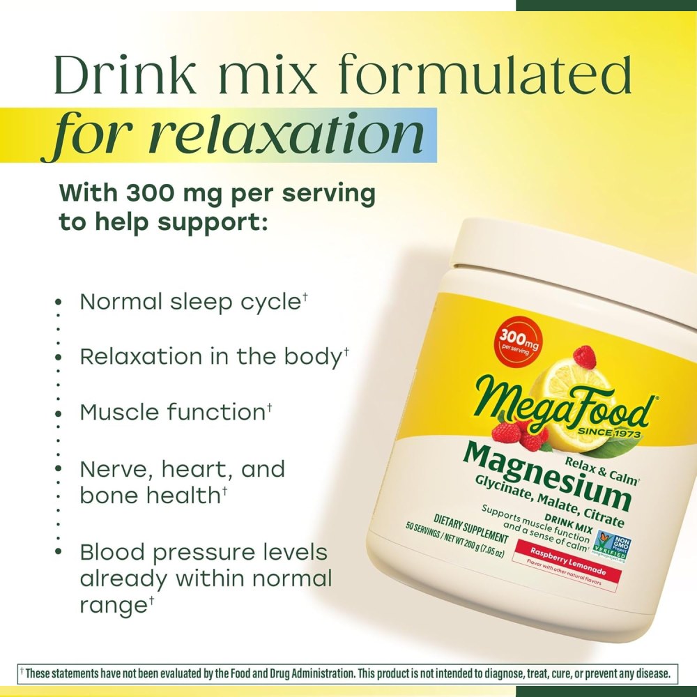 Megafood Relax and Calm Magnesium Glycinate & Malate & Citrate 300mg A soothing magnesium blend designed to ease stress, relax your body, and support restful sleep—naturally. 200g Raspberry Lemonade Flavor