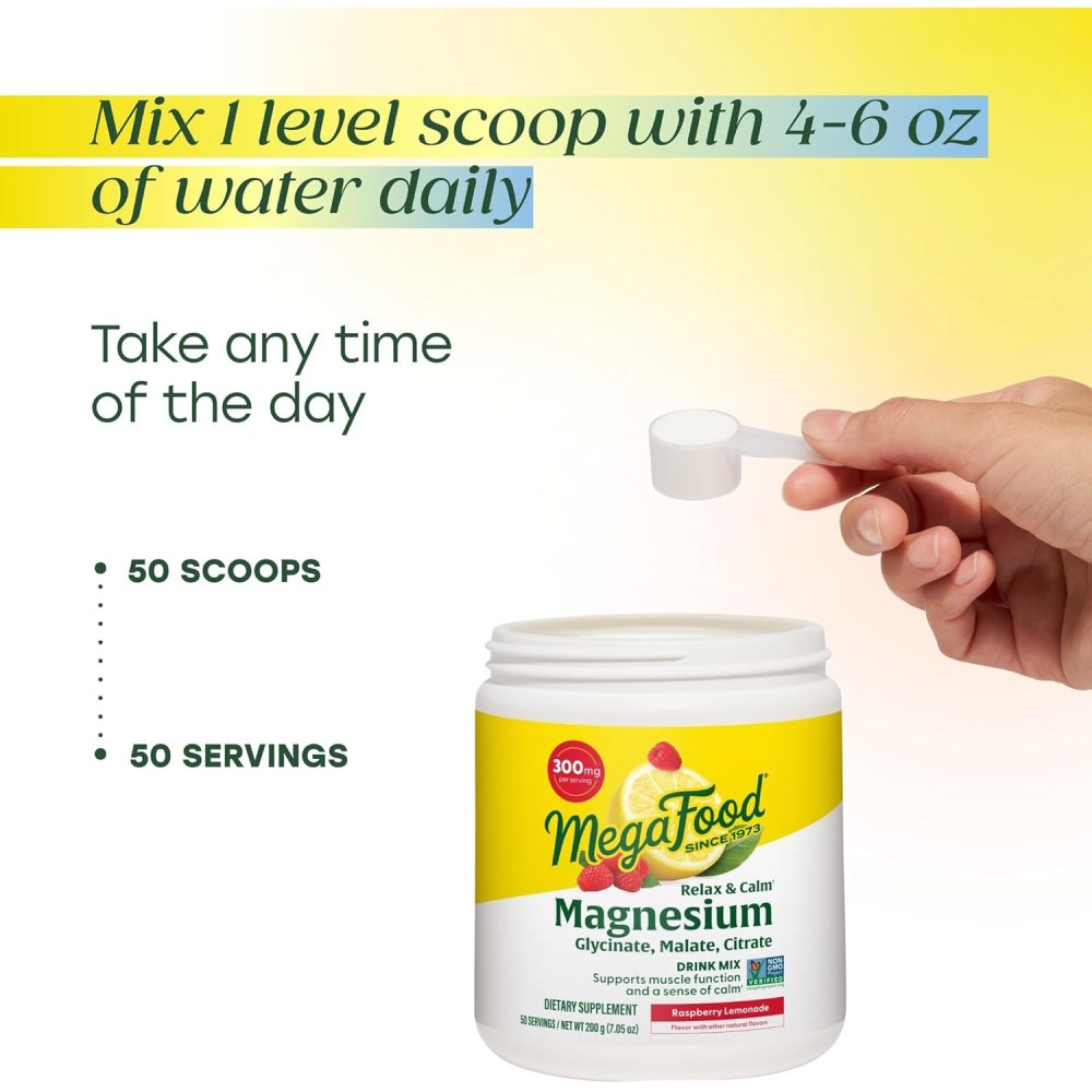 Megafood Relax and Calm Magnesium Glycinate & Malate & Citrate 300mg A soothing magnesium blend designed to ease stress, relax your body, and support restful sleep—naturally. 200g Raspberry Lemonade Flavor