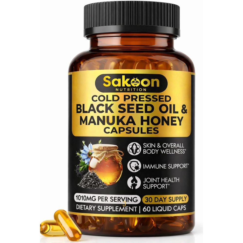 Sakoon Nutrition Black Seed Oil & Manuka Honey 1010mg To Support Overall Wellness, Imunity, and Daily Vitality 60 Liquid Caps