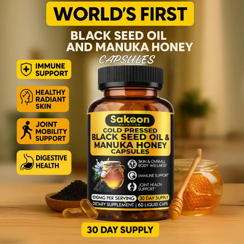 Sakoon Nutrition Black Seed Oil & Manuka Honey 1010mg To Support Overall Wellness, Imunity, and Daily Vitality 60 Liquid Caps