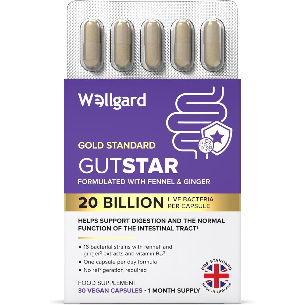 Wellgard Gutstar Formulated With Fennel & Ginger 20 Billion Live Bacteria Per Caps To Support a Healthy Gut Microbiome, Improve Digestion, and Promote Overall Digestive Comfort 30 Veg Caps