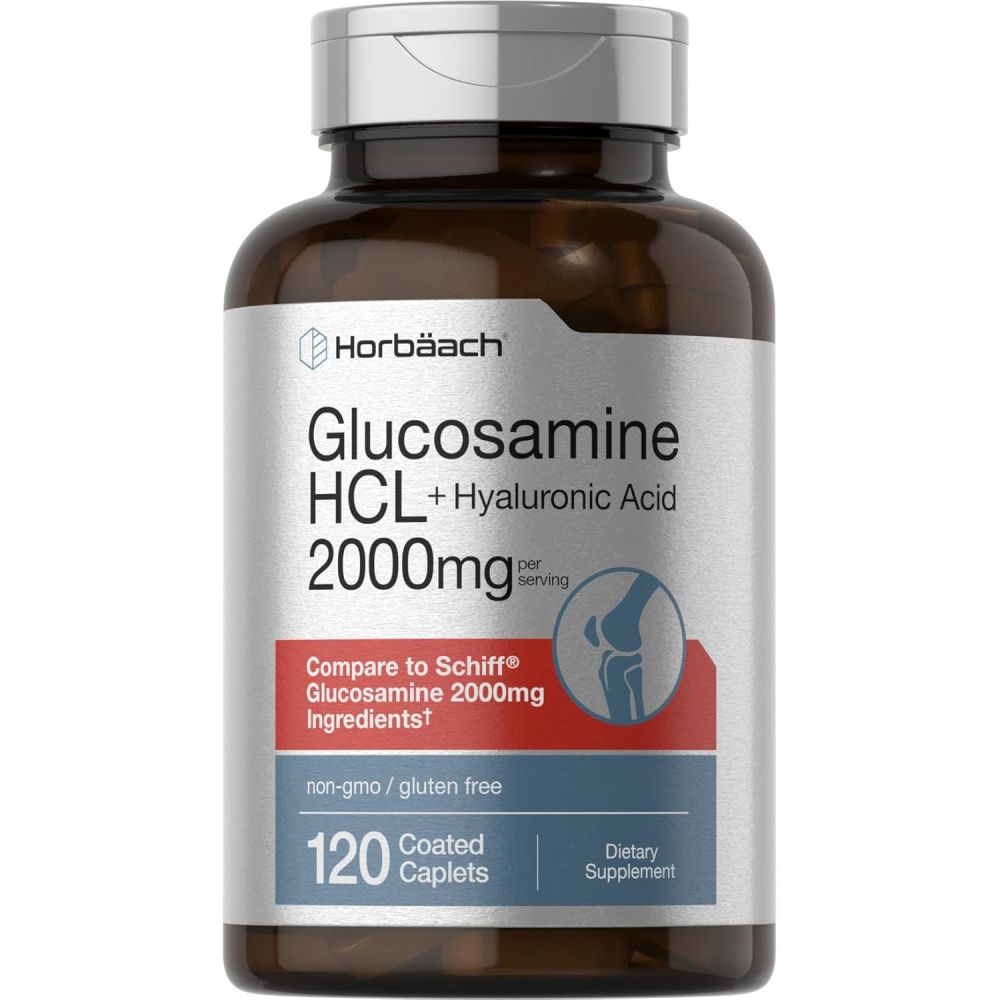 Horbäach Glucosamine HCL with Hyaluronic Acid 2000mg 120 Coated Caplets Non-GMO & Gluten Free Supplement