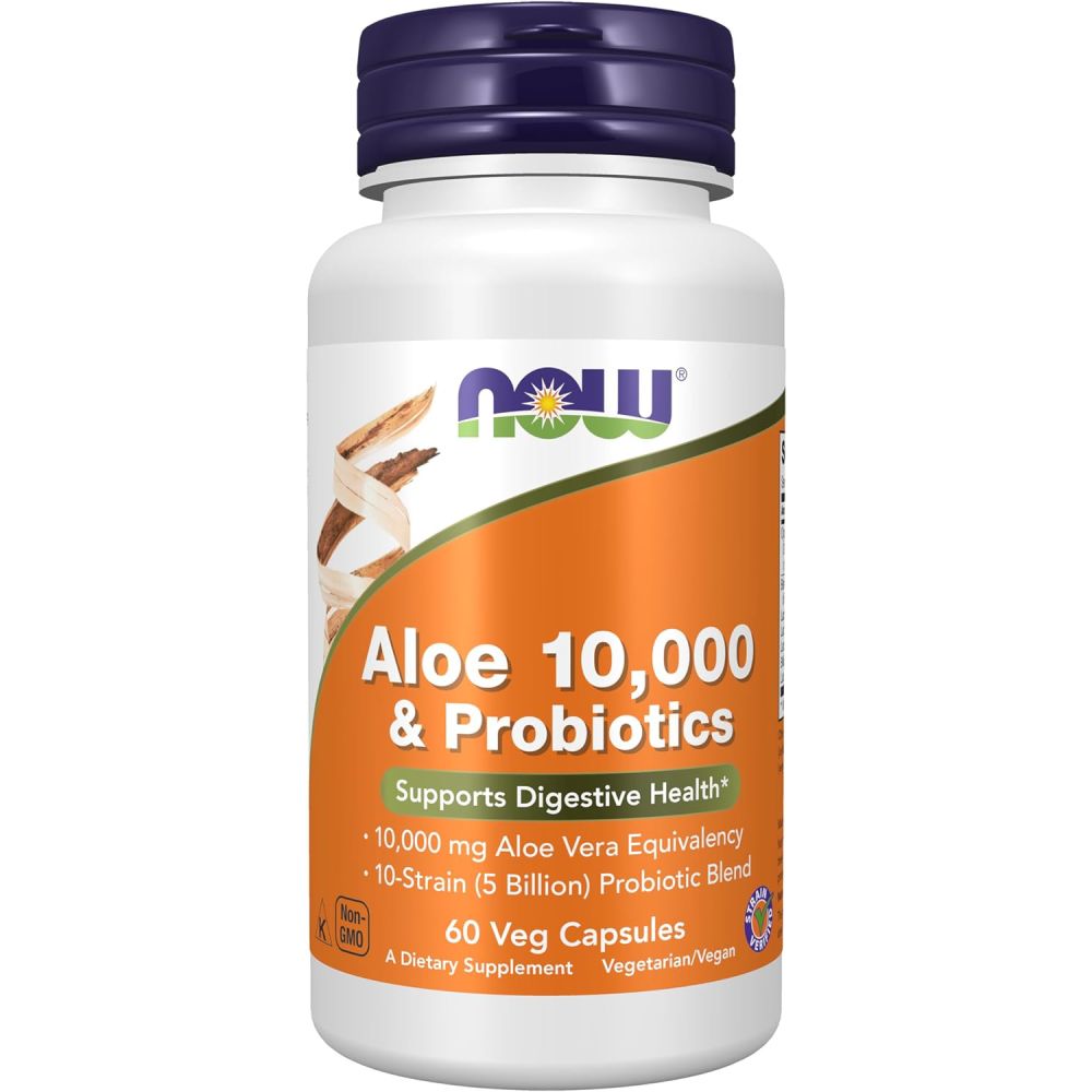 Now Foods Aloe 10000 & Probiotics To Promote Gut Health and Overall Digestive Comfort 60 Veg Caps