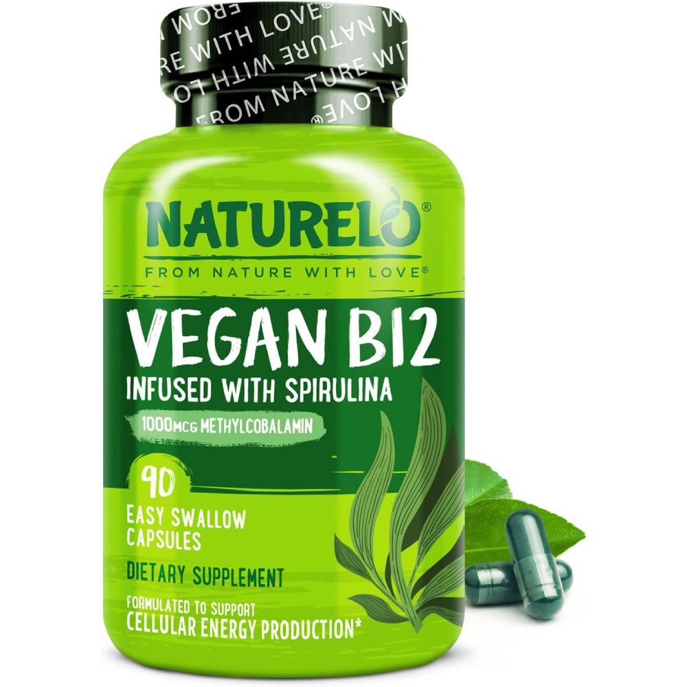Naturelo Vegan B12 Infused With Spirulina 1000mcg Methylcobalamin to Support Energy Production, Nervous System Health, and Red Blood Cell Formation 90 Caps