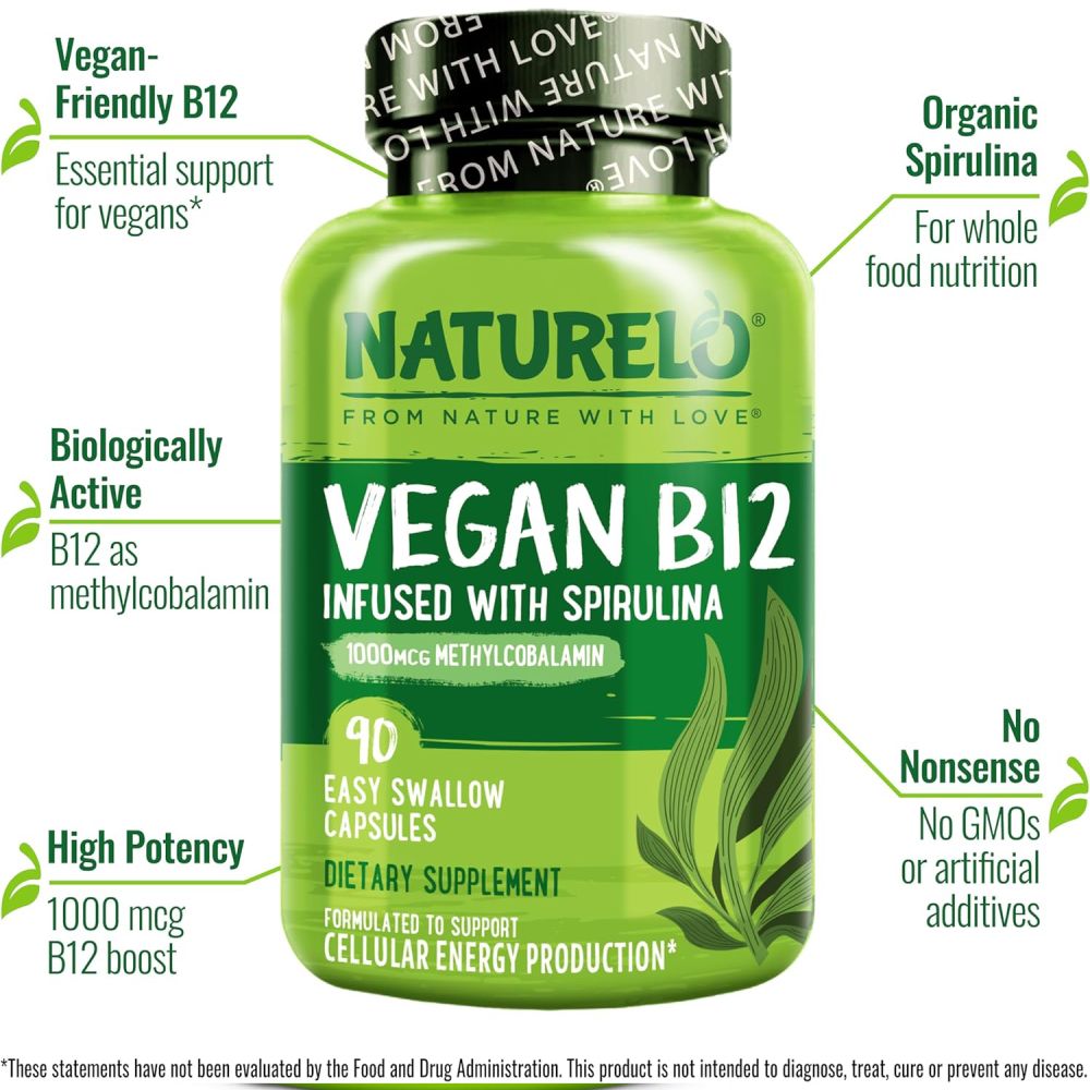 Naturelo Vegan B12 Infused With Spirulina 1000mcg Methylcobalamin to Support Energy Production, Nervous System Health, and Red Blood Cell Formation 90 Caps