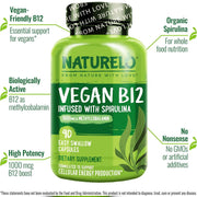 Naturelo Vegan B12 Infused With Spirulina 1000mcg Methylcobalamin to Support Energy Production, Nervous System Health, and Red Blood Cell Formation 90 Caps