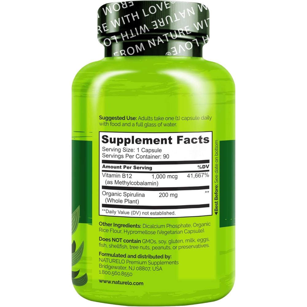 Naturelo Vegan B12 Infused With Spirulina 1000mcg Methylcobalamin to Support Energy Production, Nervous System Health, and Red Blood Cell Formation 90 Caps