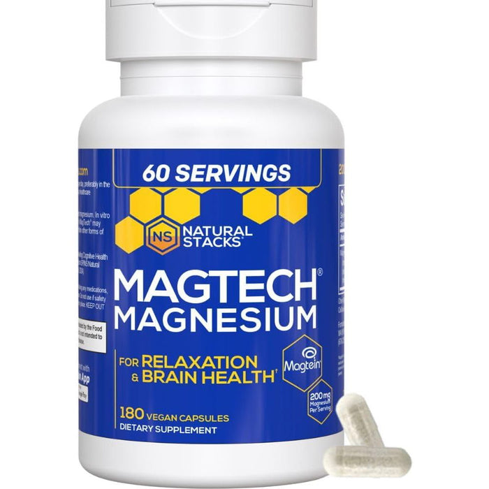 Natural Stacks Magtech Magnesium 200mg To Support Muscle and Nerve Function, Promote Relaxation and Better Sleep Quality, and hHelp Enhance Focus and Cognitive Performance 180 Veg Caps
