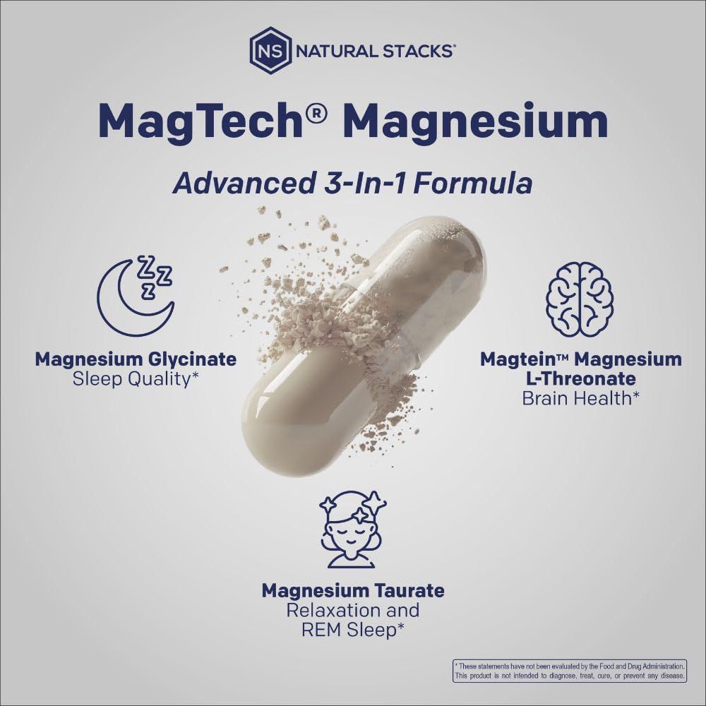 Natural Stacks Magtech Magnesium 200mg To Support Muscle and Nerve Function, Promote Relaxation and Better Sleep Quality, and hHelp Enhance Focus and Cognitive Performance 180 Veg Caps