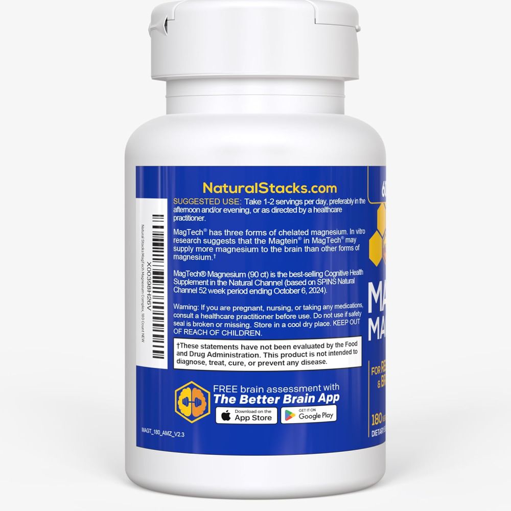 Natural Stacks Magtech Magnesium 200mg To Support Muscle and Nerve Function, Promote Relaxation and Better Sleep Quality, and hHelp Enhance Focus and Cognitive Performance 180 Veg Caps