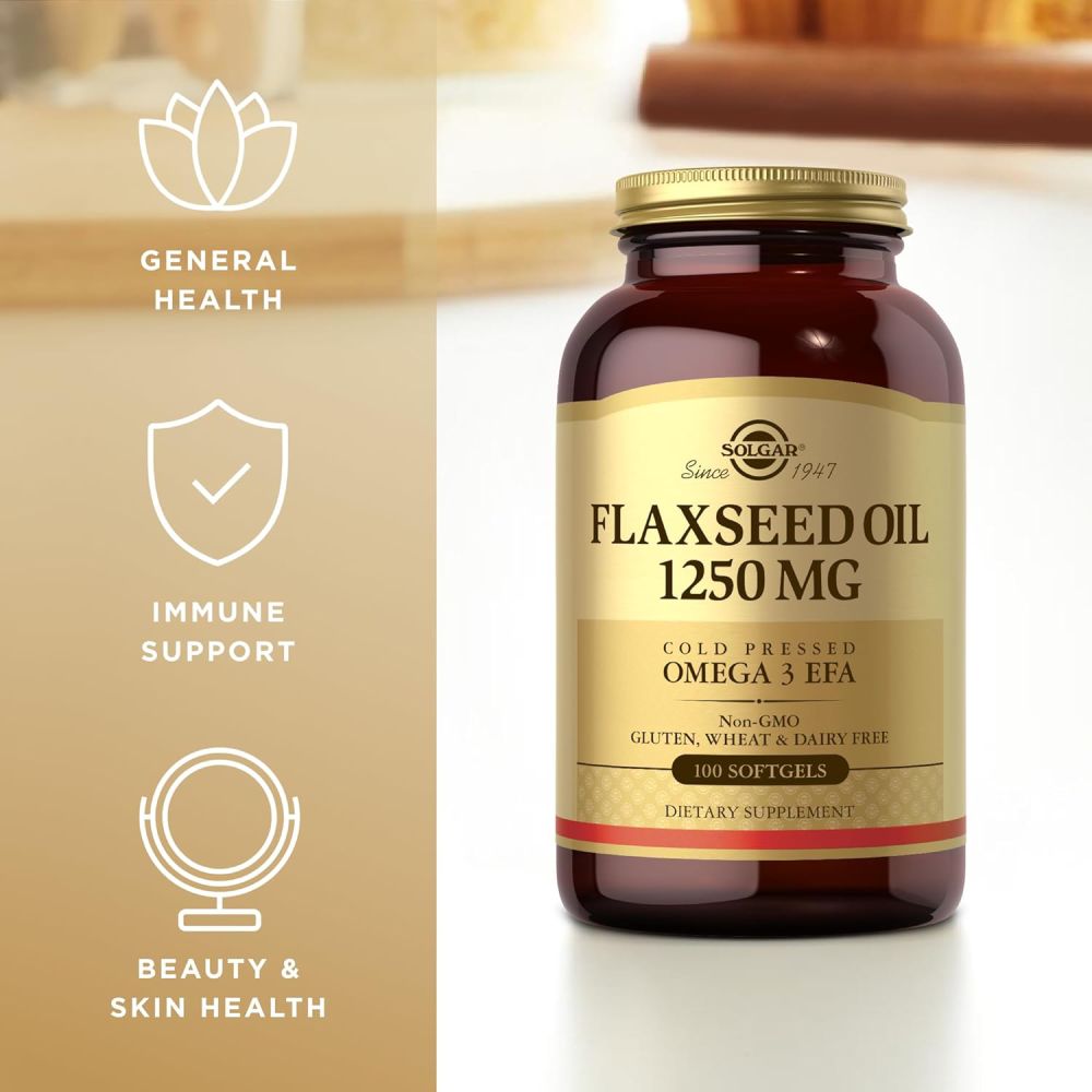 Solgar Flaxseed Oil 1250mg Support Heart Health, Promotes Healthy Skin and Hair, and Contributes To Overall Wellness 100 Softgels