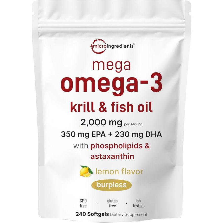 MicroIngredients Mega Omega 3 2000mg Krill Oil & Fish Oil To Support Heart and Cardiovascular Health, Promote Brain Function, and Help Maintain Joint and Eye Health 240 Softgels Lemon Flavor