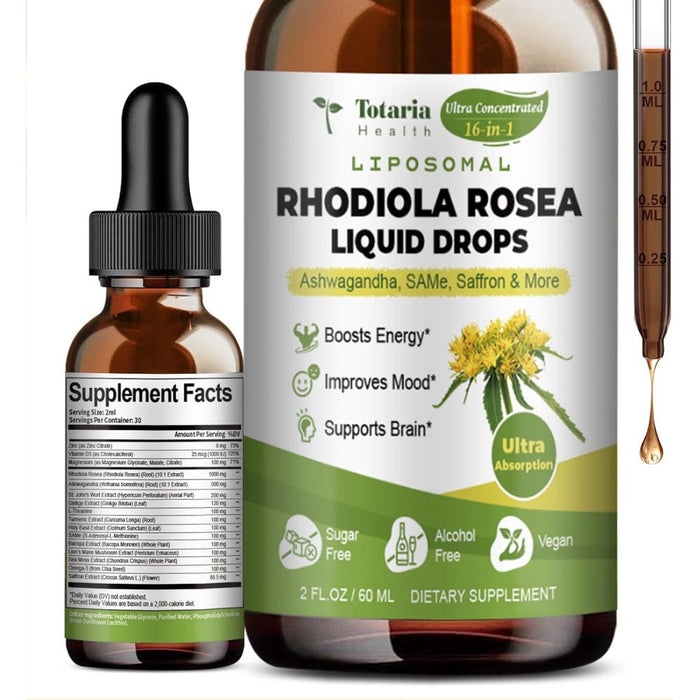 Totaria Liposomal Rhodiola Rosea Liquid Drops To Help Support Stress Resistance, Enhance Mental Focus, and Promote Natural Energy and Vitality 60ml