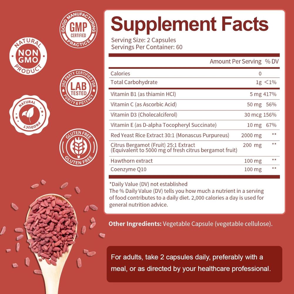 Totaria Red Yeast Rice + CoQ10 To Support Cardiovascular Health, Promote Cellular Energy Production, and Provide Antioxidant Protection 120 Caps