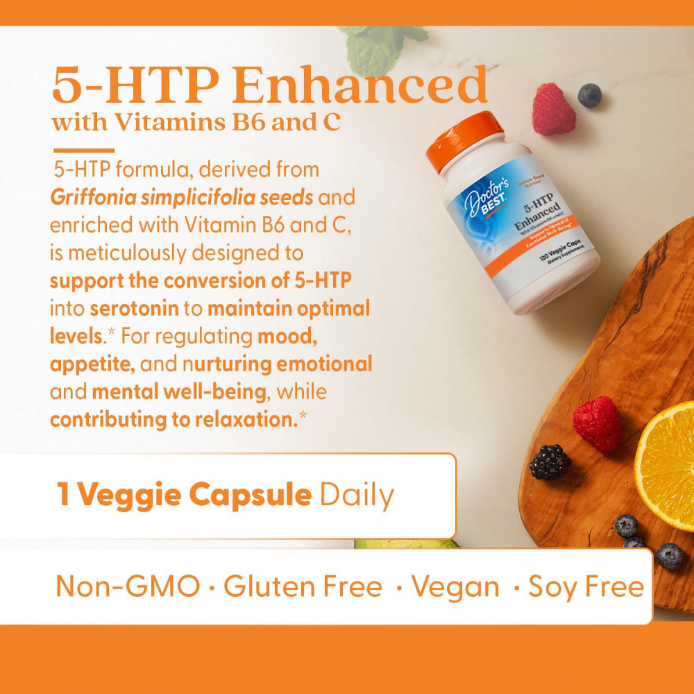 Doctor's Best 5 HTP Enhanced With Vitamin B6 And C To Support Emotional Well-Being, Relaxation, and Overall Wellness 120 Veg Caps