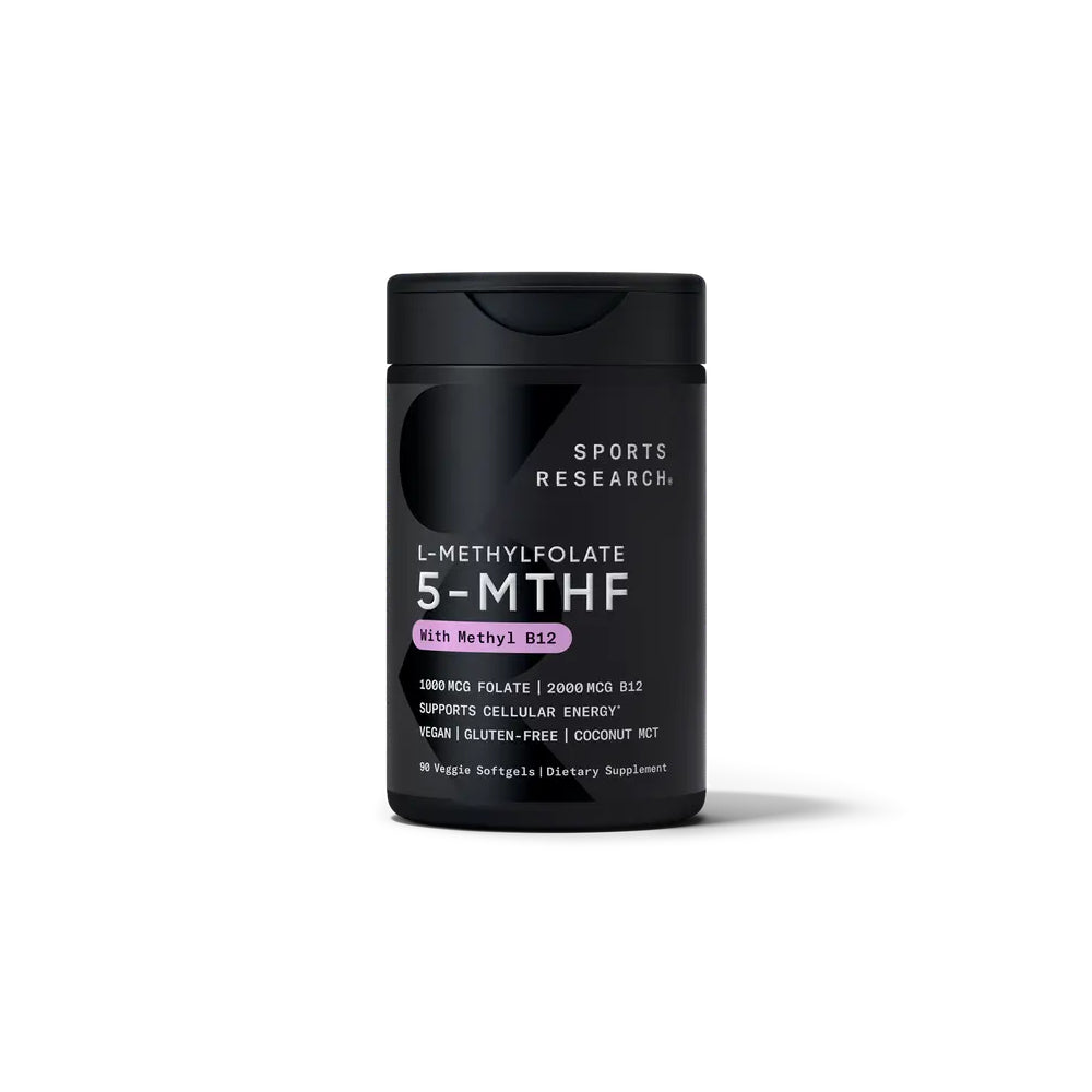Sports Research Sr L Methylfolate 5 MTHF 1000mcg Folate 2000mcg B12 To Support Energy Production, Nervous System Health, Red Blood Cell Formation, and Overall Wellness 90 Veg Softgels