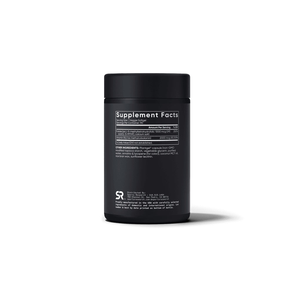 Sports Research Sr L Methylfolate 5 MTHF 1000mcg Folate 2000mcg B12 To Support Energy Production, Nervous System Health, Red Blood Cell Formation, and Overall Wellness 90 Veg Softgels