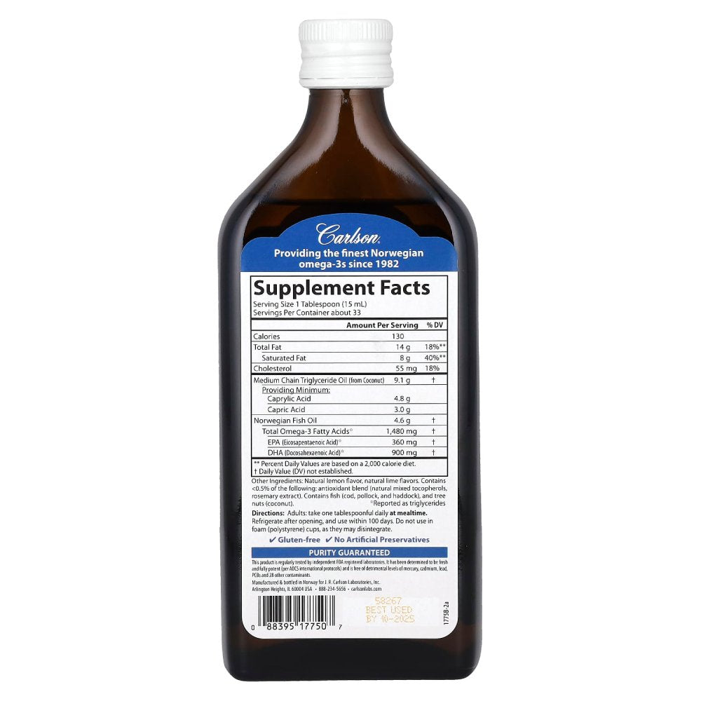 Carlson Mct 9100mg & Omega 3 1480mg Support Daily Energy, Heart Health, and Brain Function 500ml Lemon Flavor