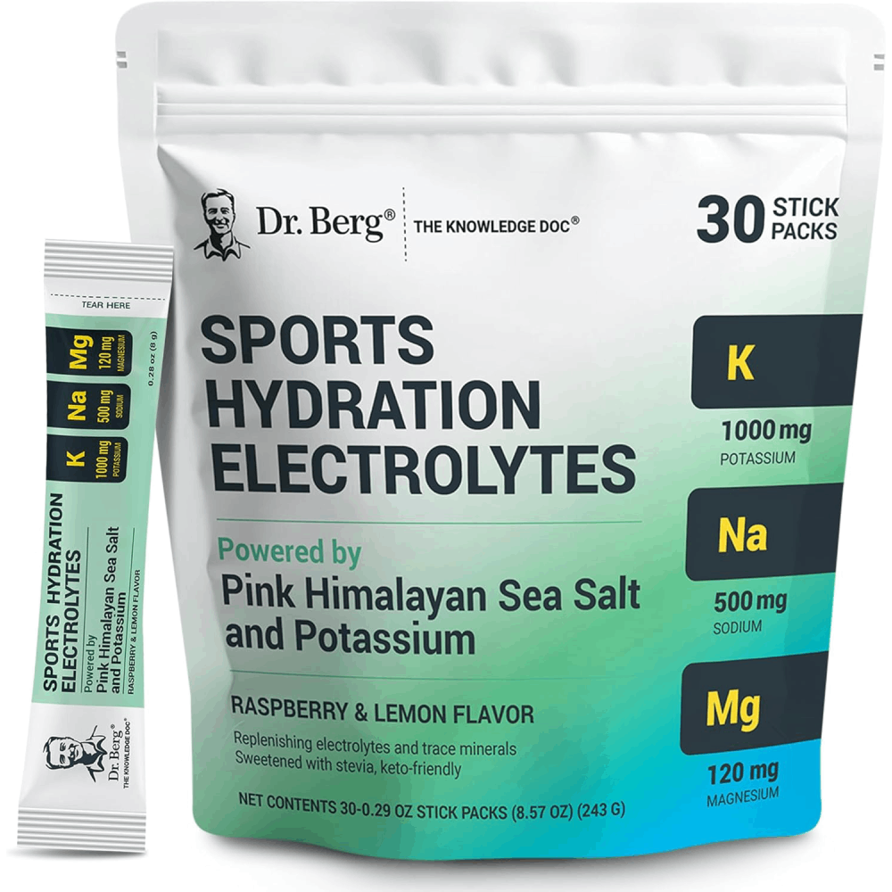Dr Berg Sports Hydration Electrolytes powered by Pink Himalayan sea salt & Potassium To Replenish Essential Electrolytes Lost During Exercise and Daily Activities 30 stick packs Raspberry & Lemon Flavor 243g