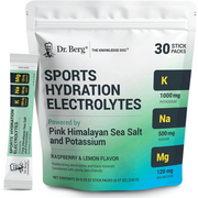 Dr Berg Sports Hydration Electrolytes powered by Pink Himalayan sea salt & Potassium To Replenish Essential Electrolytes Lost During Exercise and Daily Activities 30 stick packs Raspberry & Lemon Flavor 243g