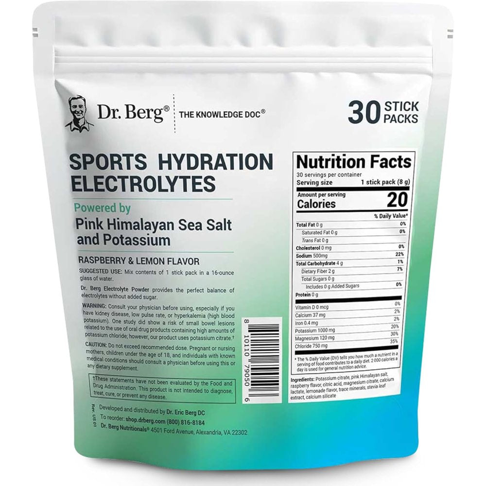 Dr Berg Sports Hydration Electrolytes powered by Pink Himalayan sea salt & Potassium To Replenish Essential Electrolytes Lost During Exercise and Daily Activities 30 stick packs Raspberry & Lemon Flavor 243g