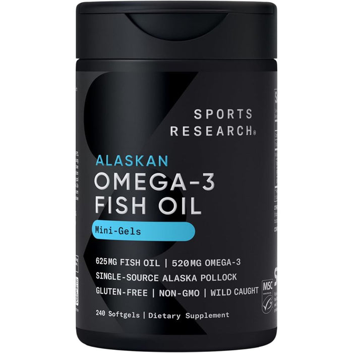 Sports Research Sr Fish Oil Mini-Softgels Easy to Swallow Omega3 625mg To Support Heart, Brain, and Eye Health. It Also Helps Maintain Joint Health and Promotes Overall Wellness 240 Softgels