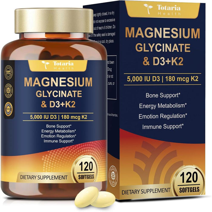 Totaria Magnesium Glycinate & D3 5000iu +K2 180mcg To Support Bone, Muscle, and Cardiovascular Health 120 Softgels