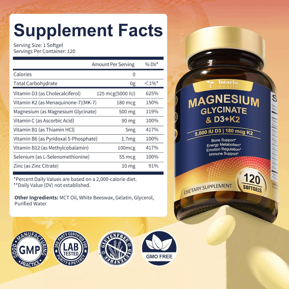 Totaria Magnesium Glycinate & D3 5000iu +K2 180mcg To Support Bone, Muscle, and Cardiovascular Health 120 Softgels