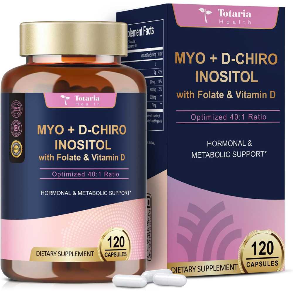 Totaria Myo + D- Chiro Inositol With Folate & Vitamin D Promote Regular Menstrual Cycles, Supports Fertility and Egg Quality, Improves Insulin Sensitivity in Women with PCOS 120 Caps