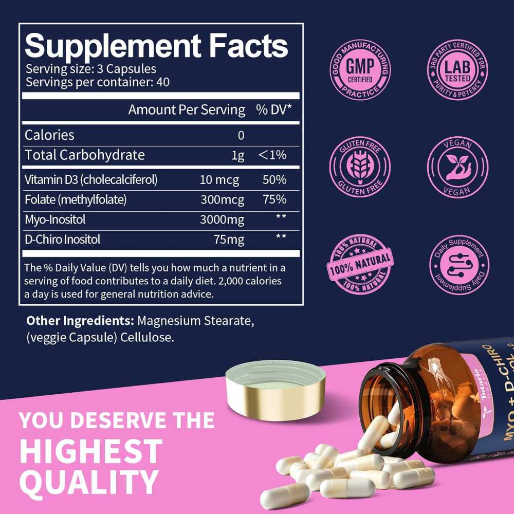Totaria Myo + D- Chiro Inositol With Folate & Vitamin D Promote Regular Menstrual Cycles, Supports Fertility and Egg Quality, Improves Insulin Sensitivity in Women with PCOS 120 Caps