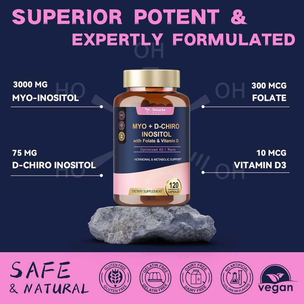 Totaria Myo + D- Chiro Inositol With Folate & Vitamin D Promote Regular Menstrual Cycles, Supports Fertility and Egg Quality, Improves Insulin Sensitivity in Women with PCOS 120 Caps