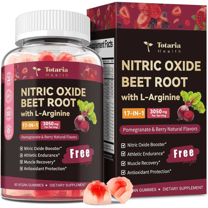 Totaria Nitric Oxide Beet Root With L Arginine 3050mg To Support Healthy Blood Circulation, Cardiovascular Wellness, and Physical Performance 60 Veg Gummies