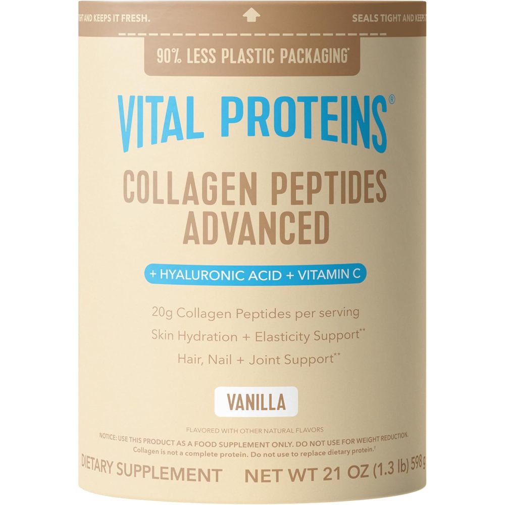 Vital Protein Collagen Peptides Advanced With Hyaluronic Acid & Vitamin C Vanilla Flavor for Healthy Skin + joint support, 598g