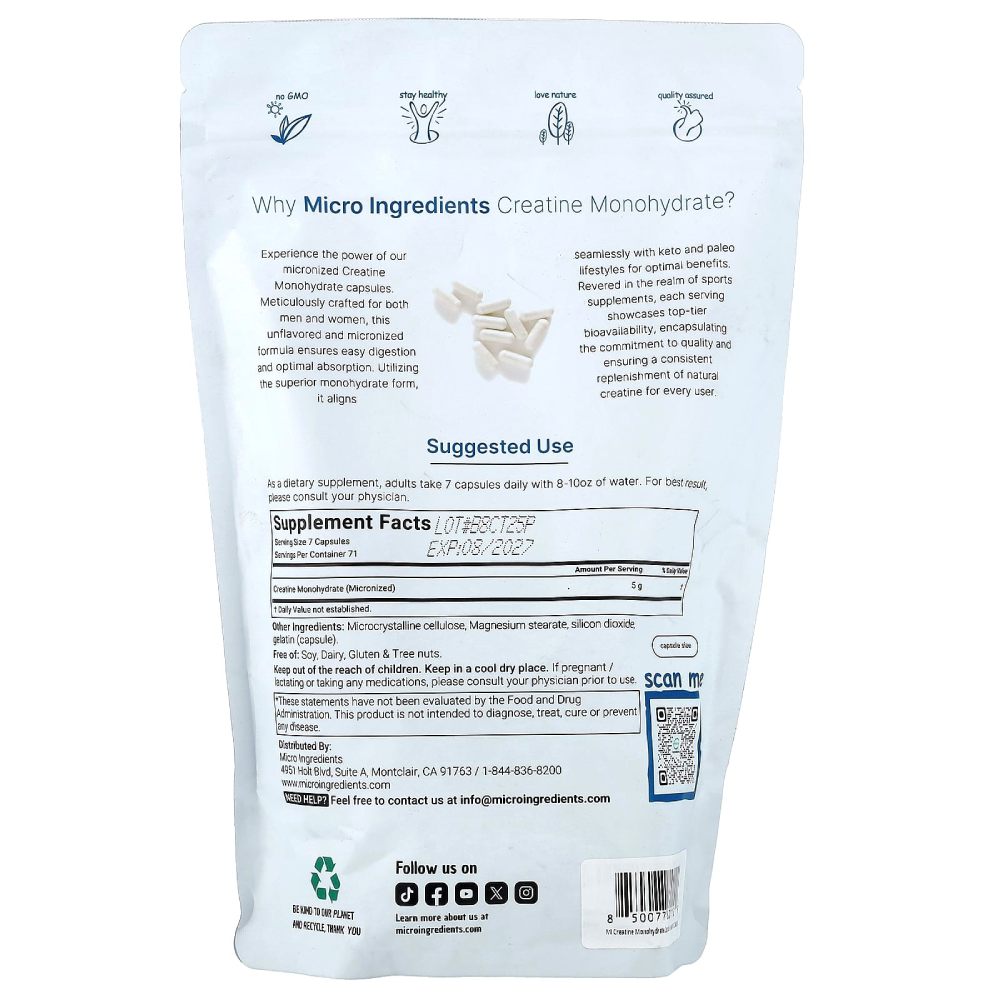 MicroIngredients Creatine Monohydrate 5000mg To Support Strength, Power, and Athletic Performance During high-Intensity Exercise 500 Caps